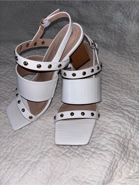 Cato White Studded Block-Heel Slingback Sandals